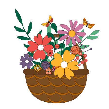 Wicker basket with a bouquet of flowers. Spring and summer iconのイラスト素材