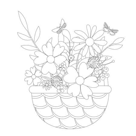 Wicker basket with a bouquet of flowers. Spring and summer iconのイラスト素材