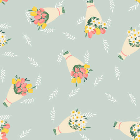 Bouquet set with spring flowers tulips and daffodils seamless pattern background. Vector Illustrationのイラスト素材