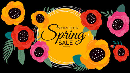 Promotion offer, card for spring sale season with spring plants, leaves and flowers decoration. Vector Illustration EPS10のイラスト素材