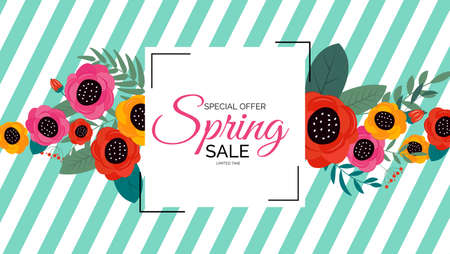 Promotion offer, card for spring sale season with spring plants, leaves and flowers decoration. Vector Illustrationのイラスト素材