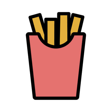Fries potatoes with chopsticks in cardboard box. Simple colored food icon in trendy line style...