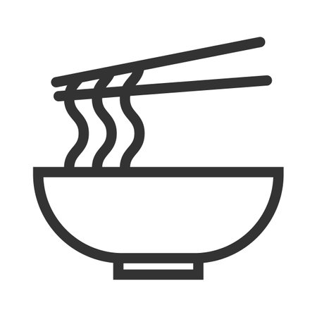 Asian food in plate with chopsticks: noodles, spices. Simple food icon in trendy line style isolated on white background for web apps and mobile concept. Vector Illustration. EPS10のイラスト素材
