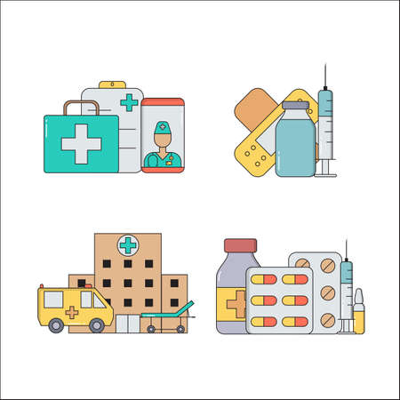 First medical aid concept medical icons set in trendy line style isolated on white background for web applications and mobile concepts. Vector illustration EPS10のイラスト素材