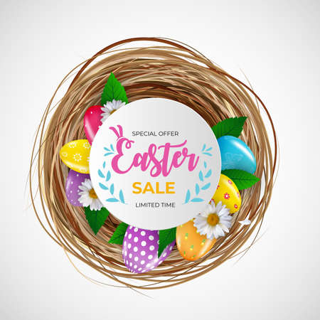 Easter sale poster template with 3d realistic Easter eggs. Template for advertising, poster, flyer, greeting card. Vector Illustrationのイラスト素材