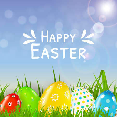 Easter poster template with 3d realistic eggs, spring background. Template for advertising, poster, flyer, greeting card. Vector Illustrationのイラスト素材
