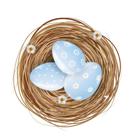 Easter Design Element Nest with Blue Colored Eggs. Vector Illustrationのイラスト素材