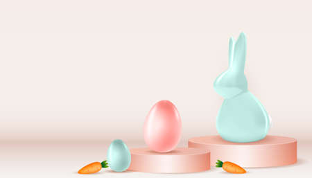 Easter poster template with 3d realistic Easter eggs, bunny and Carrot. Template for advertising, poster, flyer, greeting card. Vector Illustration EPS10のイラスト素材