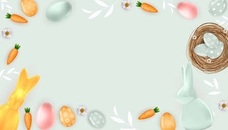 Easter poster template frame with 3d realistic Easter eggs, bunny and Carrot. Template for...
