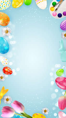 Easter poster template  3d realistic eggs, paint. Template for advertising, poster, flyer, greeting card. Vector Illustration.のイラスト素材