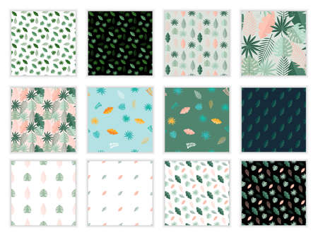 Set of 12 Tropical Palm Leaves Seamless Pattern Background. Vector Illustration.