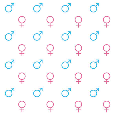 Blue Male and pink female sign. Circle with an arrow and cross down. Belonging to the masculine or female gender. Seamless pattern. Vector Illustration.のイラスト素材
