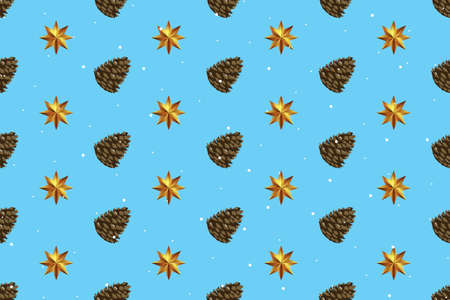 Holiday New Year and Merry Christmas Seamless Pattern Background with pine cone and golden star....