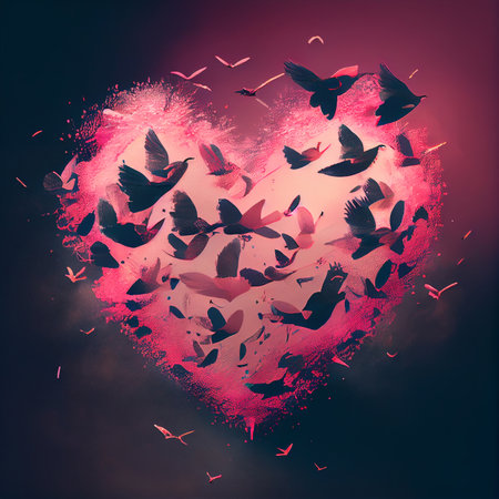 Fly Birds in Heart Shape. Generative AI.の素材