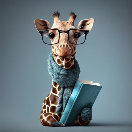 Giraffe in Glasses with a Book. Generative AI.の素材