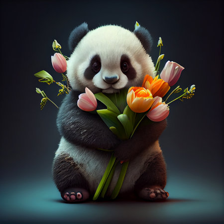 Panda with Spring Tulips Flower. Generative AI.の素材