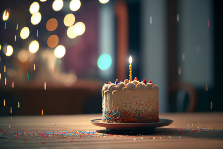 Happy Birthday Greeting Card with Cake in Bokeh Backgroundの素材