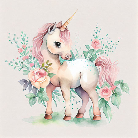Cute Watercolor Painting Unicorn with Flowers Illustration.の素材