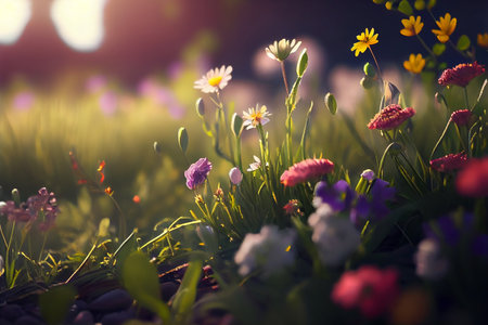 Cute Green Spring Meadow with Flowersの素材