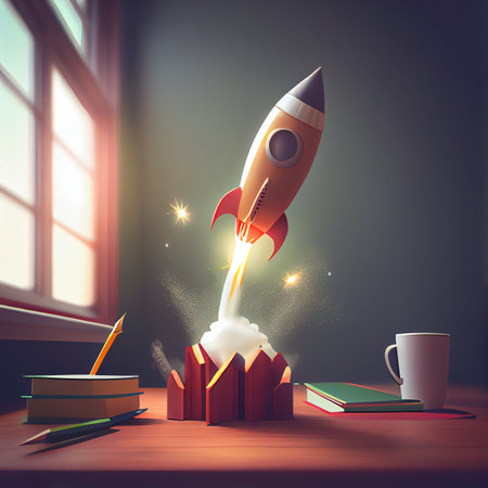 Vivid Rocket Starting Fly From a Desk. Illustration.の素材
