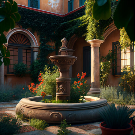 Cute Summer Italian style garden. Illustration AI Generativeの素材