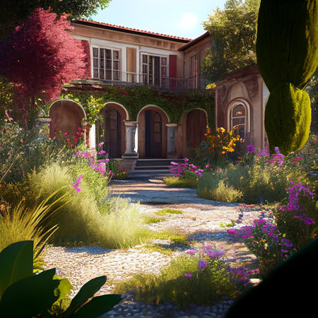 Cute Summer Italian style garden. Illustration AI Generativeの素材