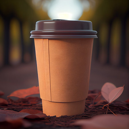 Coffee to go on a background with green plants. Illustration AI Generativeの素材