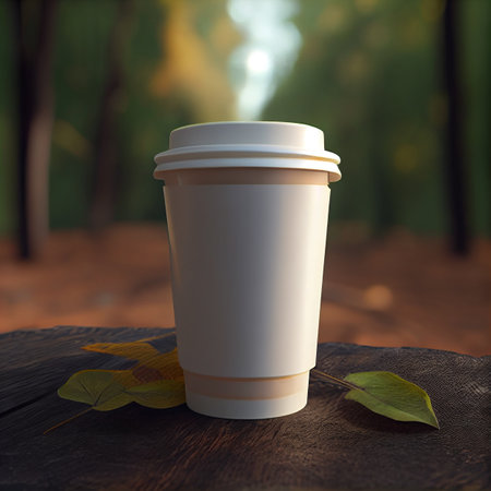Coffee to go on a background with green plants. Illustration AI Generativeの素材