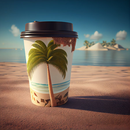 Coffee to go against the backdrop of a palm tree and the sea. Illustration AI Generativeの素材