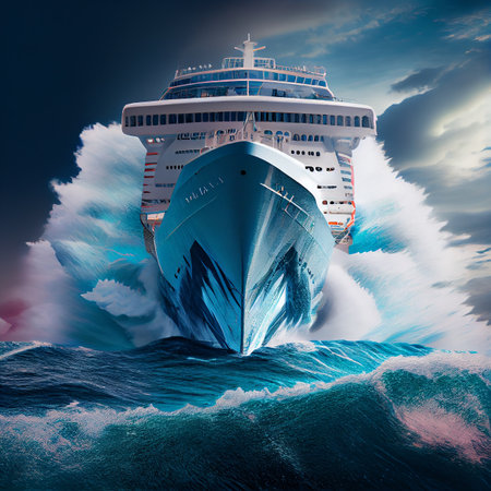 Ocean big cruise ship sails in the ocean. Illustration AI Generativeの素材