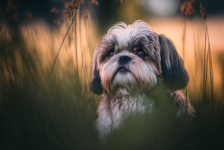 Shih Tzu Dog On A natural spring field. Illustration Generative AIの素材