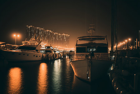 Boats in the harbor at night. Illustration Generative AIの素材