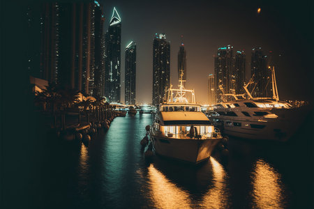 Boats in the harbor at night. Illustration Generative AIの素材