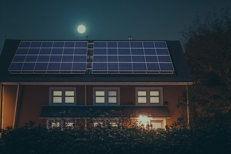 Solar panels on the roof of a building, active at day. cute realistic village house Illustration Generative AIの素材
