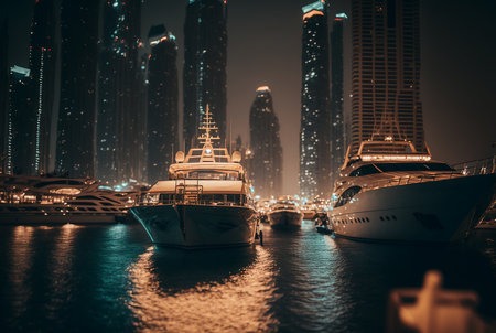 Boats in the harbor at night. Illustration Generative AIの素材