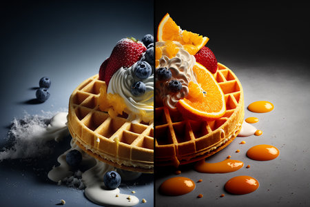 Belgian waffle ads with delicious fruit and cream. Illustration Generative AIの素材
