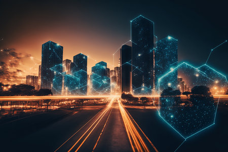 Smart city and, polygon pattern connection with speed line light, technology background. Illustration Generative AIの素材
