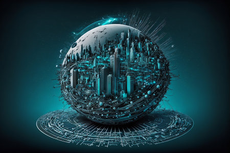 Technological background of the hologram planet Earth. Illustration Generative AIの素材