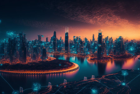 Smart city and abstract pattern connection with speed line light. Illustration Generative AIの素材