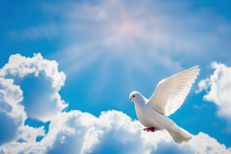 Blue Sky Background with dove, symbol of peace. Illustration Generative AIの素材