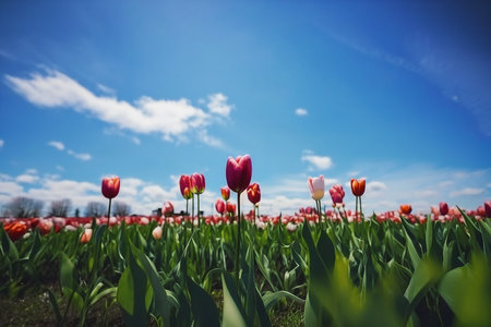 Spring sunny meadow with flowers. Illustration Generative AIの素材