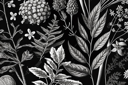 White and black graphic illustrated herbal background. Illustration Generative AIの素材