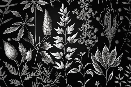 White and black graphic illustrated herbal background. Illustration Generative AIの素材