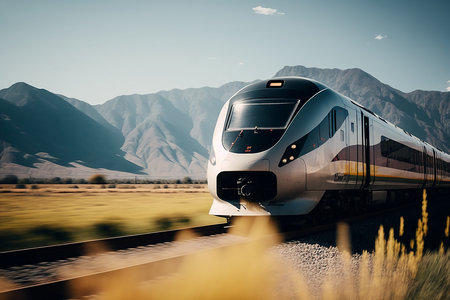 Realistic Train on Mountain Background. Illustration Generative AIの素材