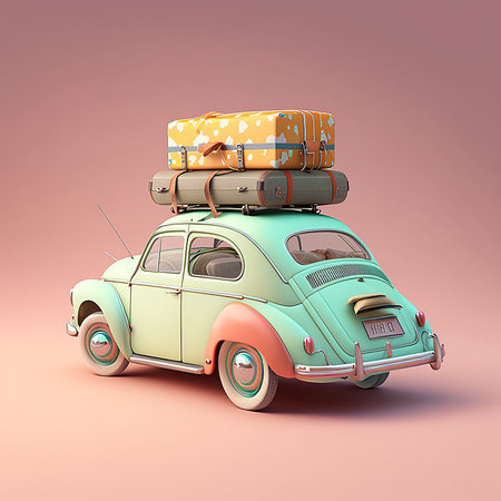 Retro car with luggage on the roof. Illustration Generative AIの素材