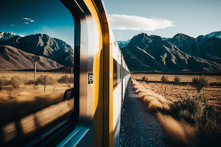 Realistic Train on Mountain Background. Illustration Generative AIの素材