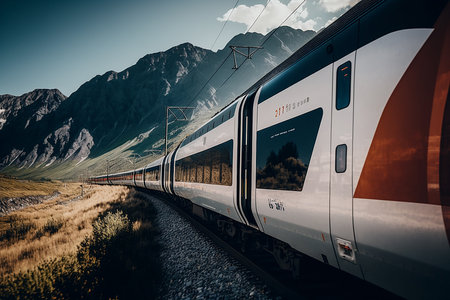 Realistic Train on Mountain Background. Illustration Generative AIの素材