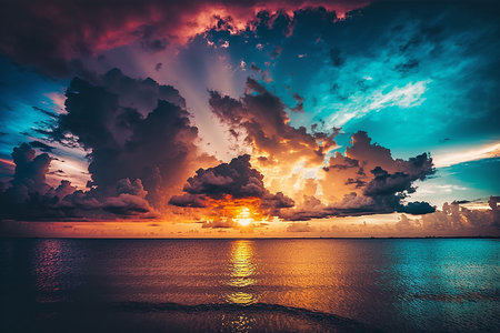 Sunset over the sea of colorful cloud and sky. Illustration AI Generativeの素材