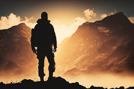 Man on mountain background. Illustration AI Generativeの素材