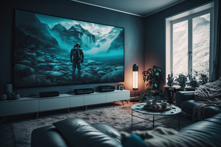Modern Living room with Big TV on the wall in the room. Illustration Generative AIの素材